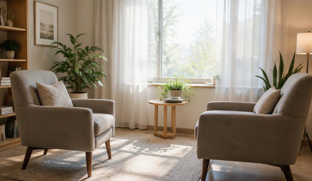 A calm, softly lit therapy room with two armchairs